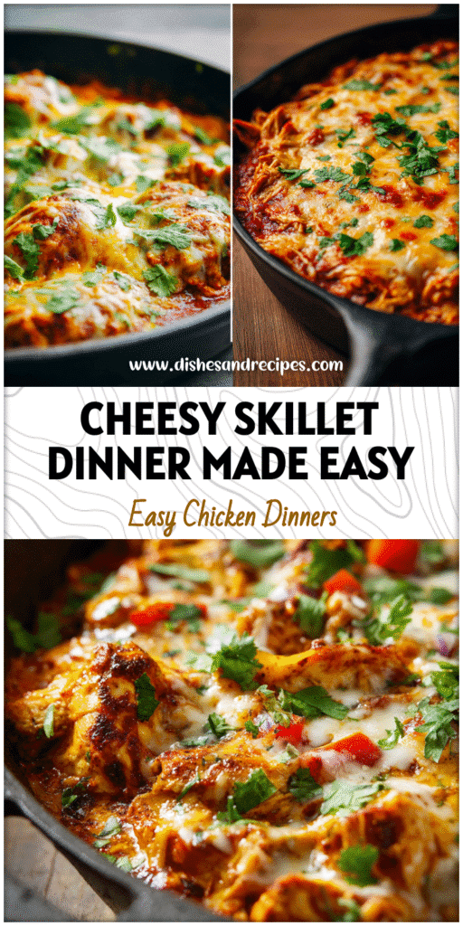 Cheesy chicken enchilada skillet topped with melted cheese and fresh cilantro in a cast iron pan.